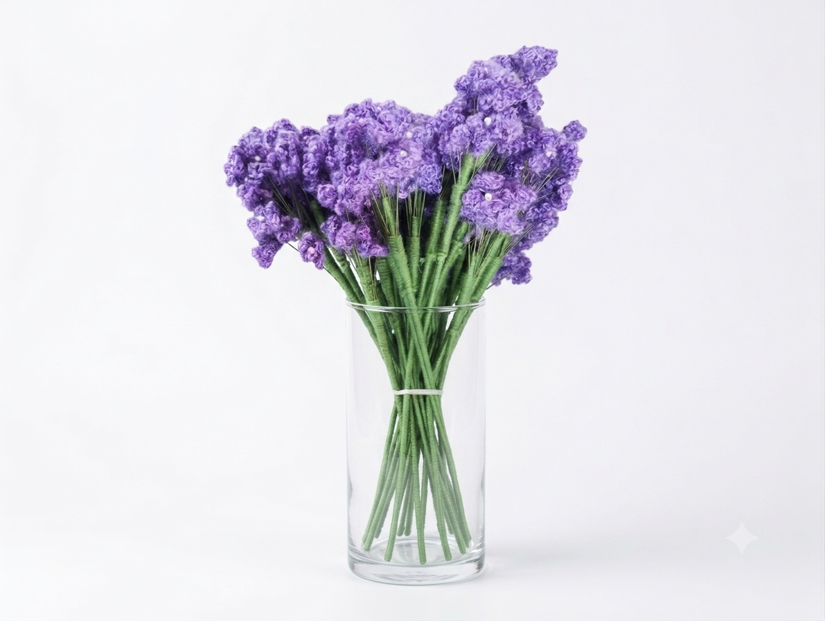 Bunch of purple artificial baby's breath filler flowers in a clear glass vase