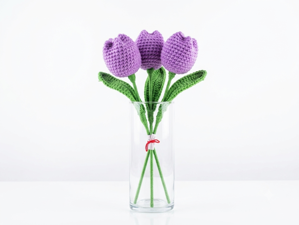 Three purple crochet tulips with green leaves in a tall glass vase against a white background