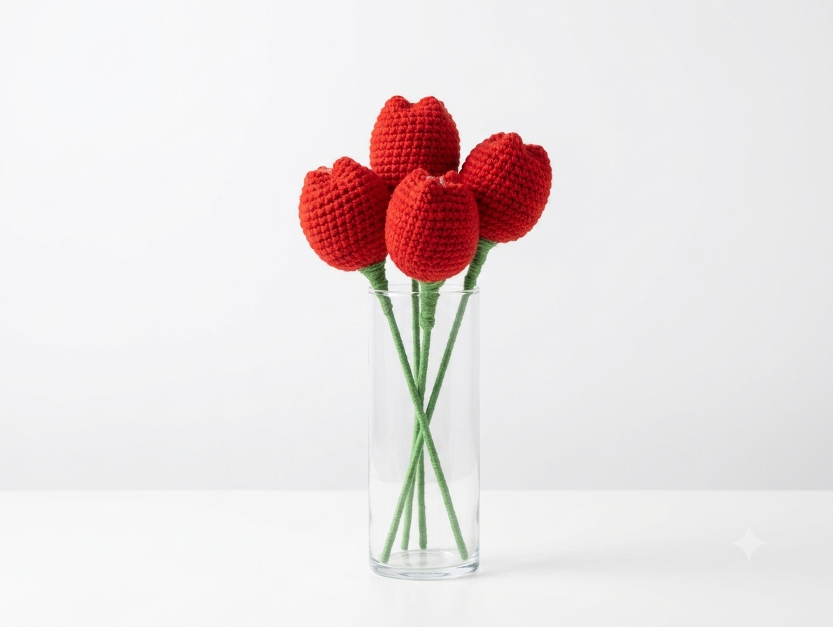 Handmade red crochet flowers arranged in a clear vase