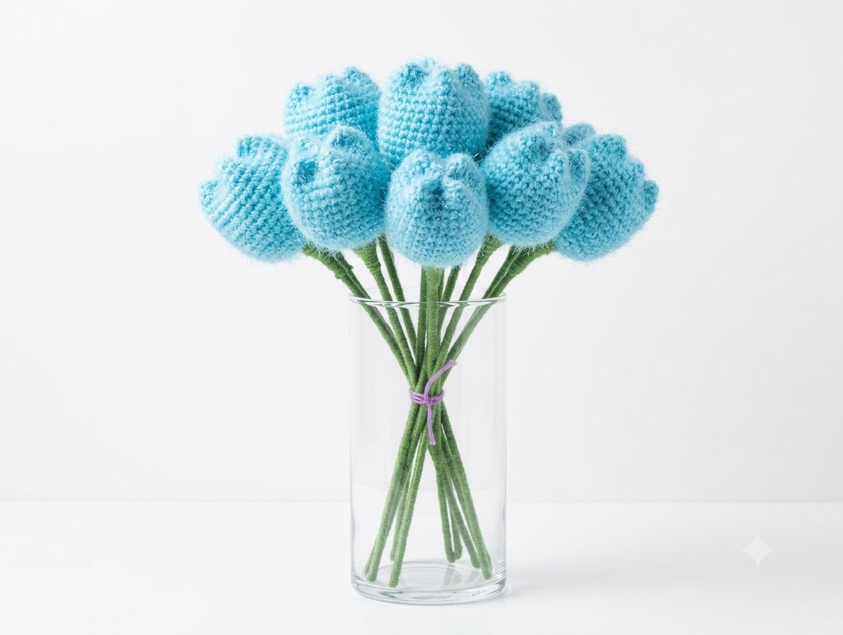 A bunch of blue fuzzy crochet tulips with green stems in a tall glass vase against a white background