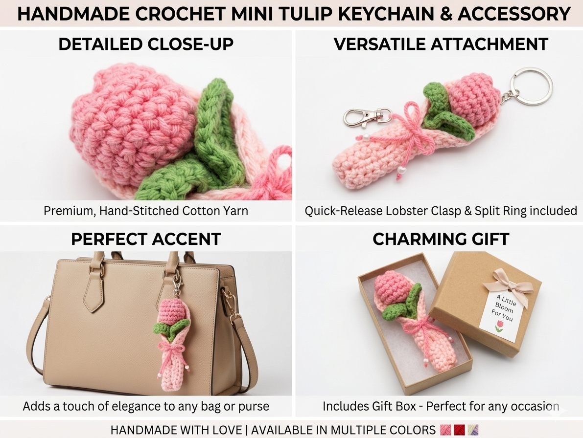 Pink Crochet Tulip Keychain with Gift Box, Handmade Bag-Charm