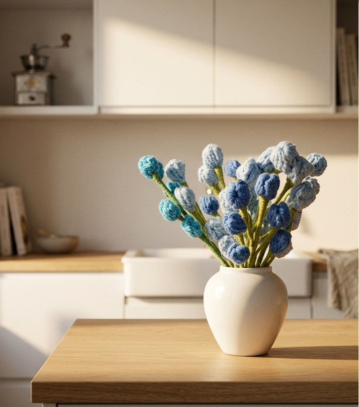 Handcrafted crochet bobble bud arrangement in blue and teal displayed in white vase on wooden table
