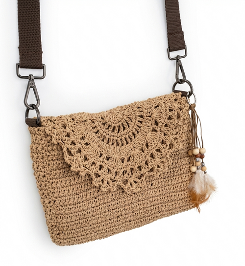 Handmade beige crochet sling bag with lace flap and feather charm on white background