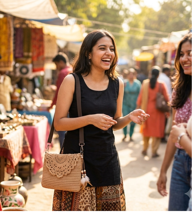Young woman wearing beige crochet crossbody bag at a festive market