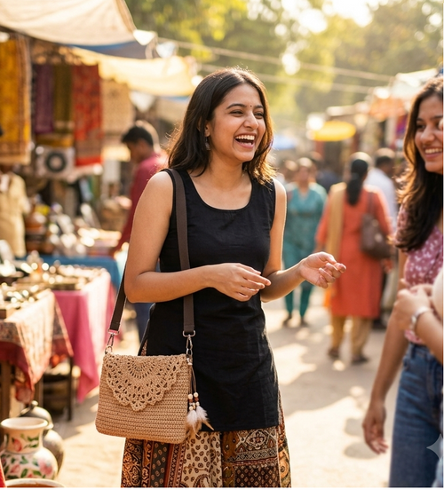Young woman wearing beige crochet crossbody bag at a festive market
