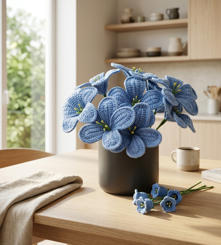 Blue plumeria crochet flower arrangement styled on a wooden table in a bright home setting