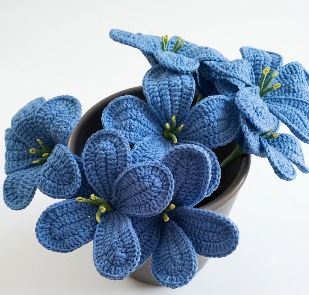 Handcrafted blue plumeria crochet flowers in a black ceramic pot on white background