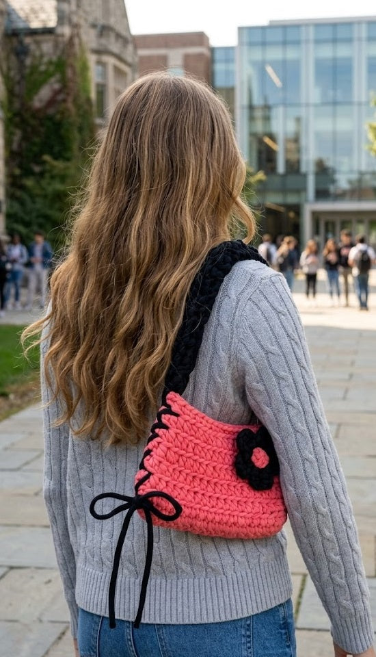 Girl wearing coral and black crochet handbag outdoors