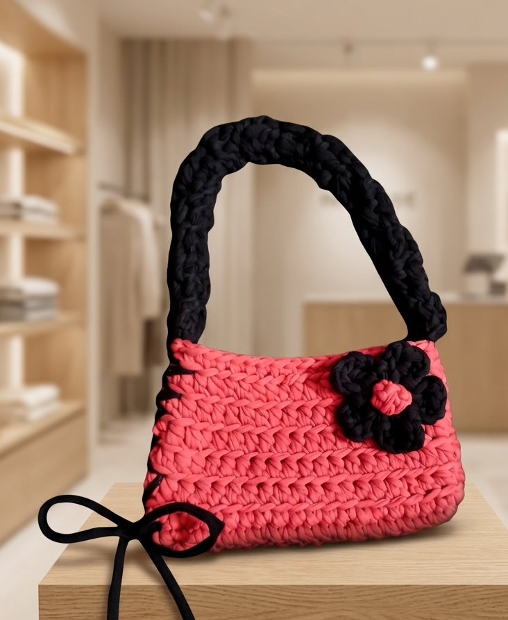 Coral and black crochet handbag with flower appliqué on wooden surface