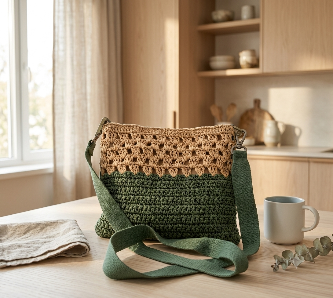 Green and beige crochet bag styled on wooden table in a cosy home setting