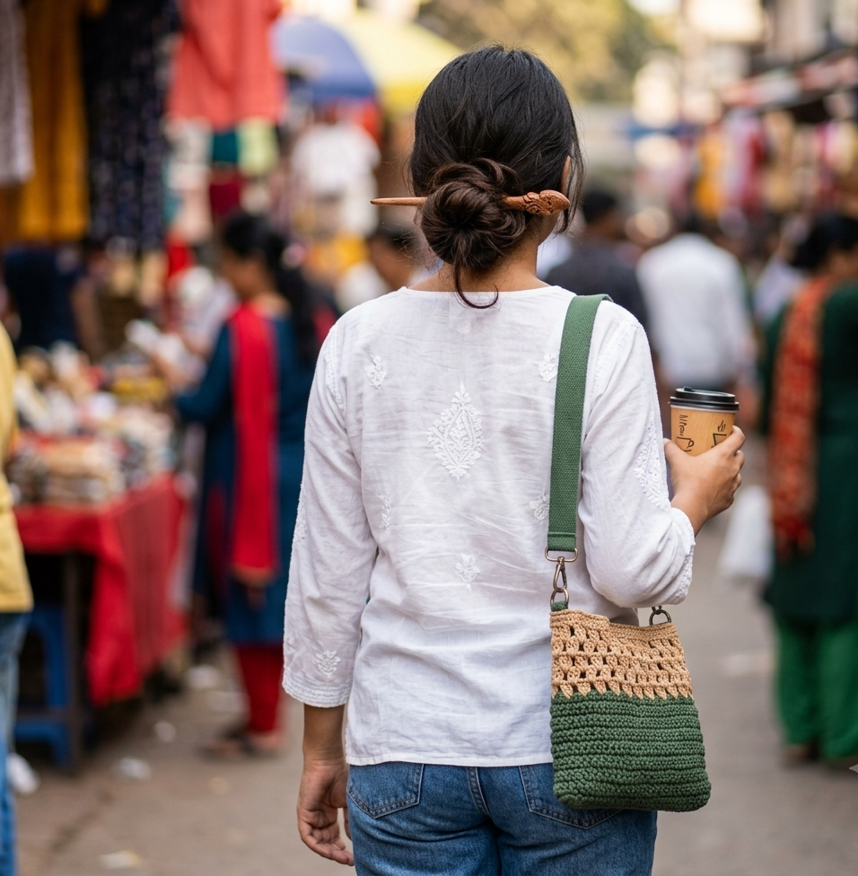 Young woman wearing green and beige crochet crossbody bag at a street market