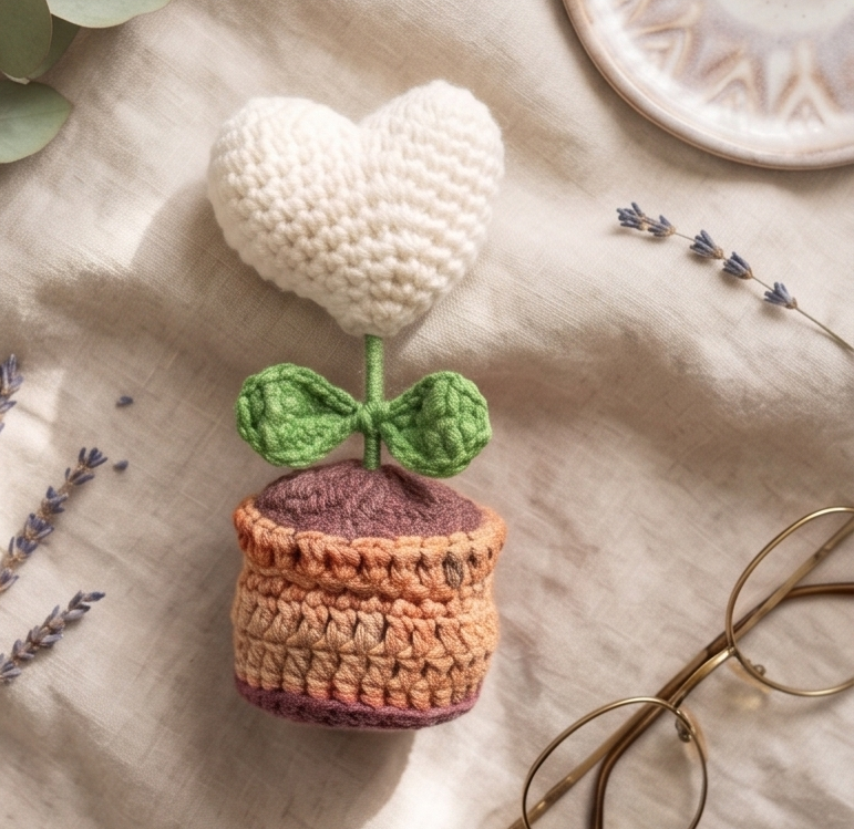 Handcrafted crochet white heart plant in terracotta pot with green leaves on linen background