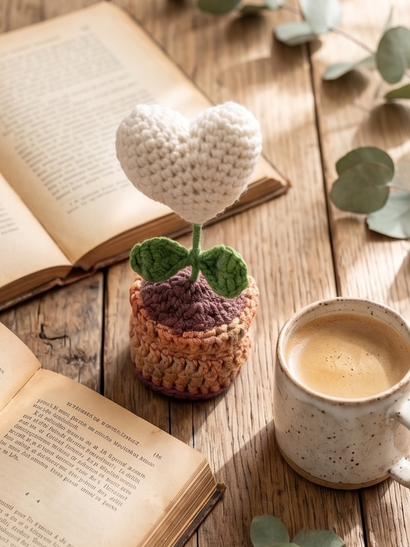 Handcrafted crochet white heart plant in terracotta pot styled with open book and coffee cup