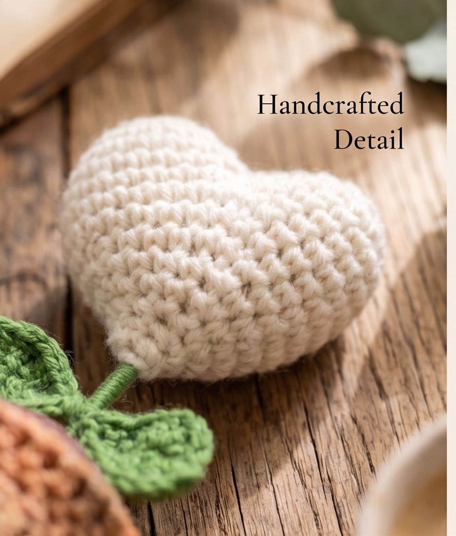 Close-up detail of handcrafted crochet white heart bloom with green leaves on wooden surface