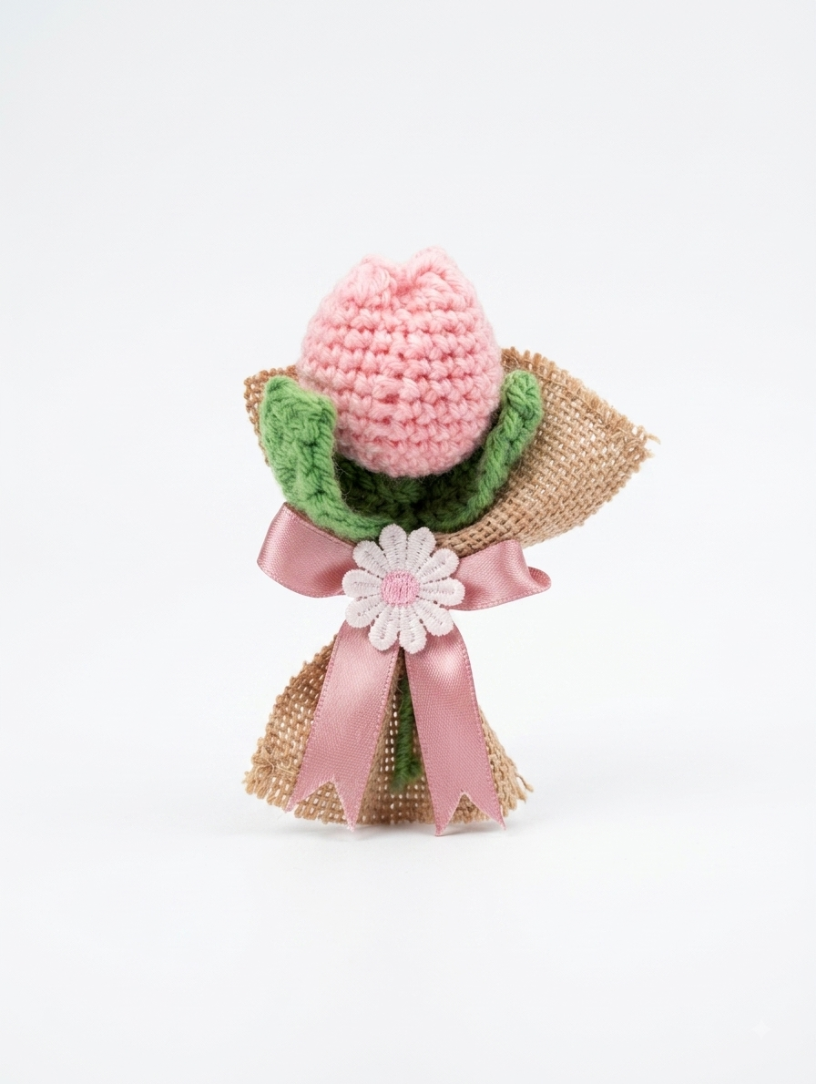 Handcrafted crochet blush pink tulip bud with green leaves in burlap wrap tied with dusty rose satin ribbon bow and white daisy charm