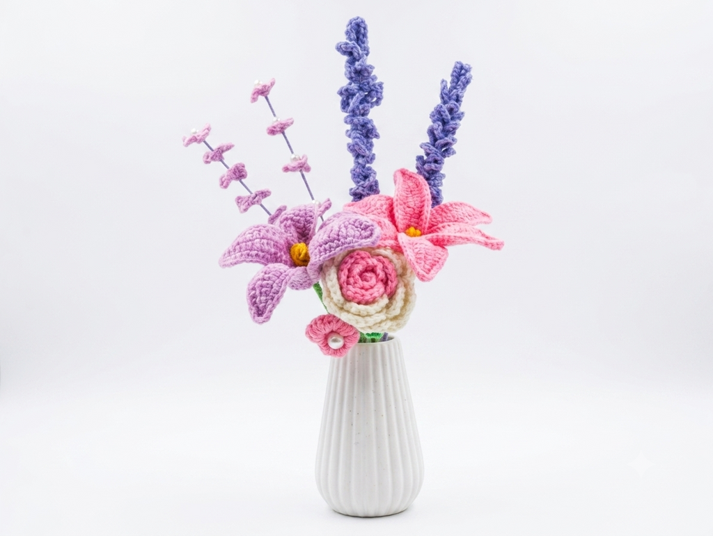 Handcrafted crochet bouquet with pink rose, purple lilies and lavender in white ribbed vase