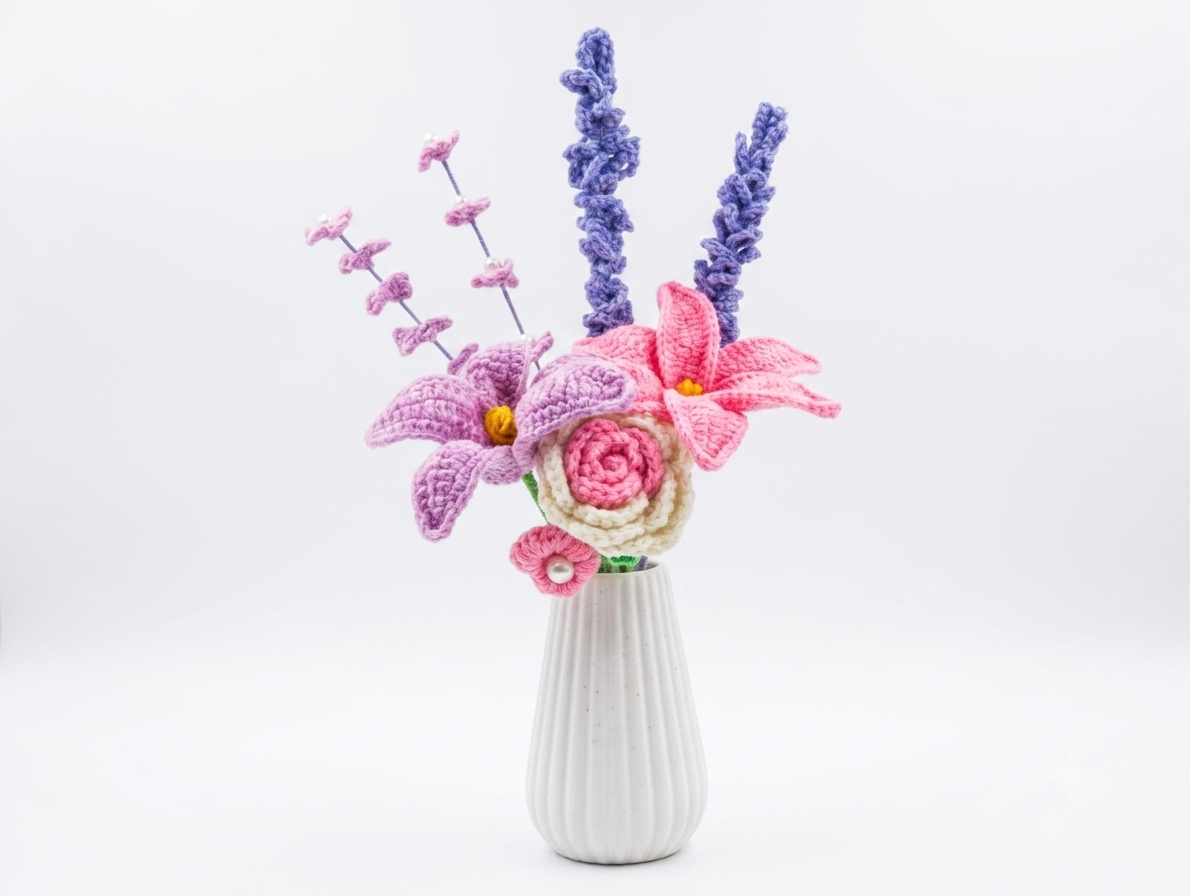 Handcrafted crochet bouquet with pink rose, purple lilies and lavender in white ribbed vase