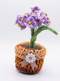 Handcrafted crochet purple daisy flowers with yellow centres in terracotta crochet pot with pink ribbon bow