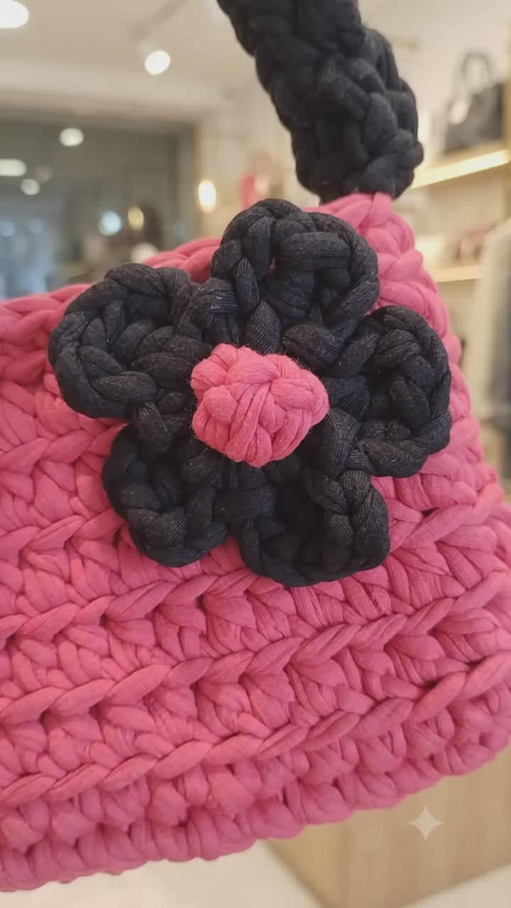 Coral & Black Crochet Handbag