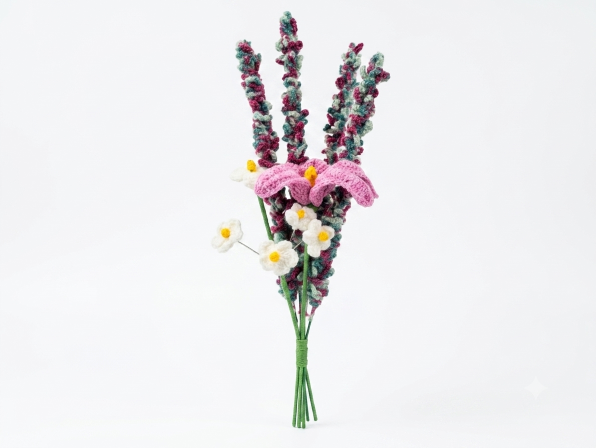 Handcrafted crochet flower bunch with burgundy spikes, pink orchid and white daisies on white background