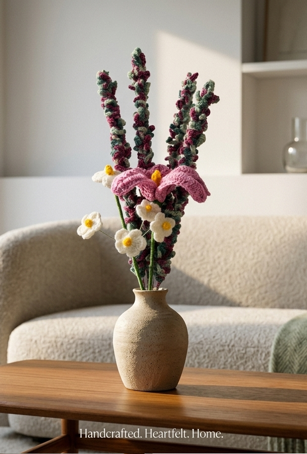 Handcrafted crochet flower bunch with burgundy spikes and white daisies in a stone vase on a wooden table
