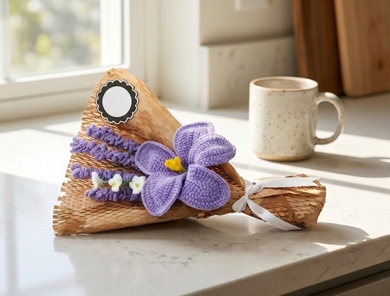 Crochet purple bouquet on a marble countertop by a window