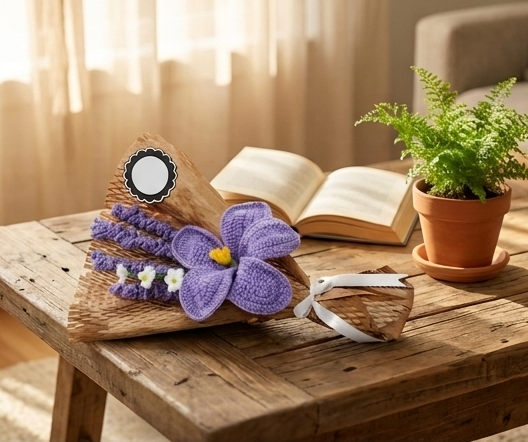 Crochet purple bouquet on a rustic wooden table with a book