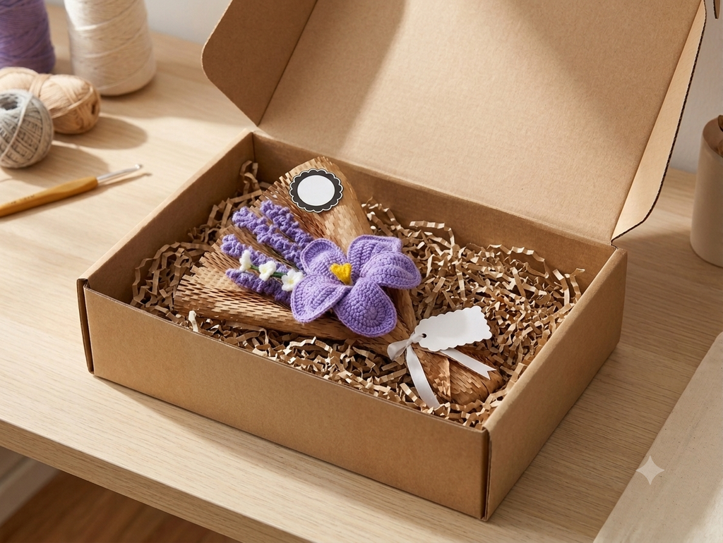 Crochet purple bouquet in a gift box with kraft paper shreds