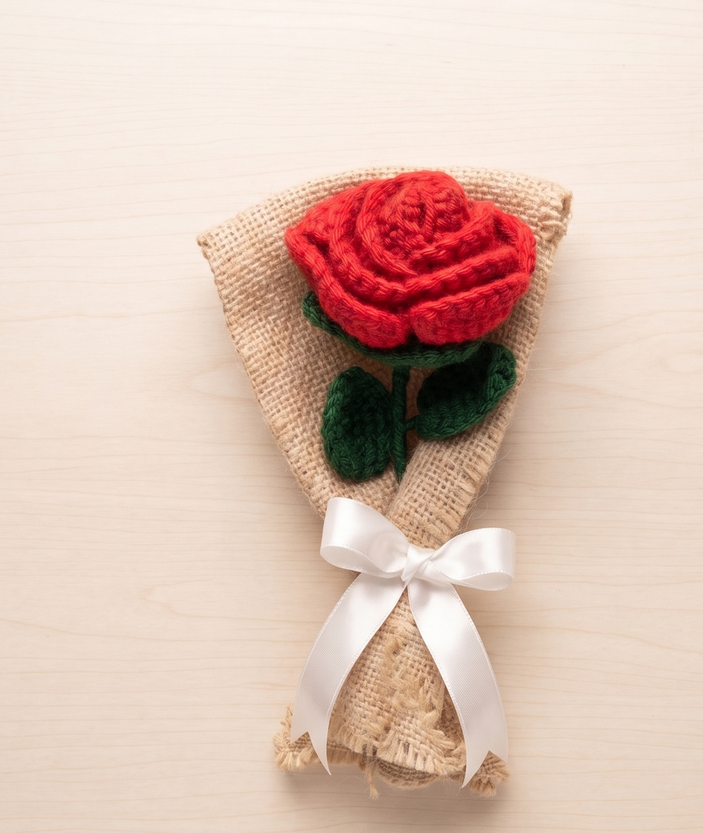 Handcrafted crochet red rose with green leaves wrapped in natural burlap cone tied with white satin ribbon bow