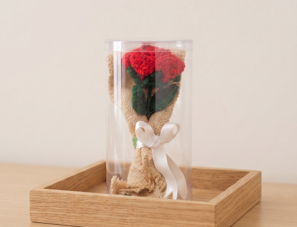 Red Rose in Burlap — Handcrafted Crochet Single Stem Gift