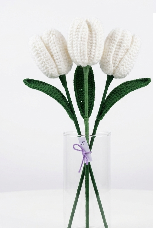 Handmade Crochet White Tulip Stem with Green Leaf (12-14 inch)