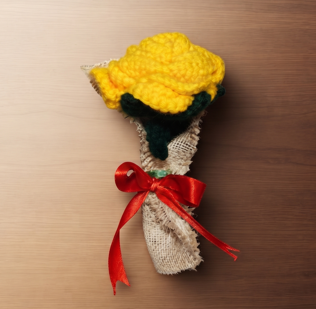 Yellow Rose in Gift Box — Handcrafted Crochet Single Stem
